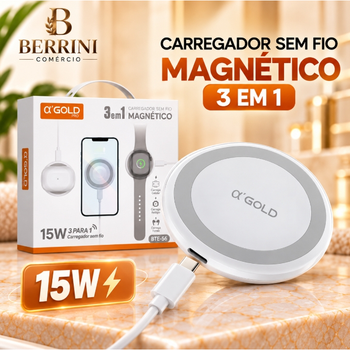 Carregador Sem Fio Magnético A Gold BTE-56 3 em 1 15W Celular Relógio Fone Wireless
