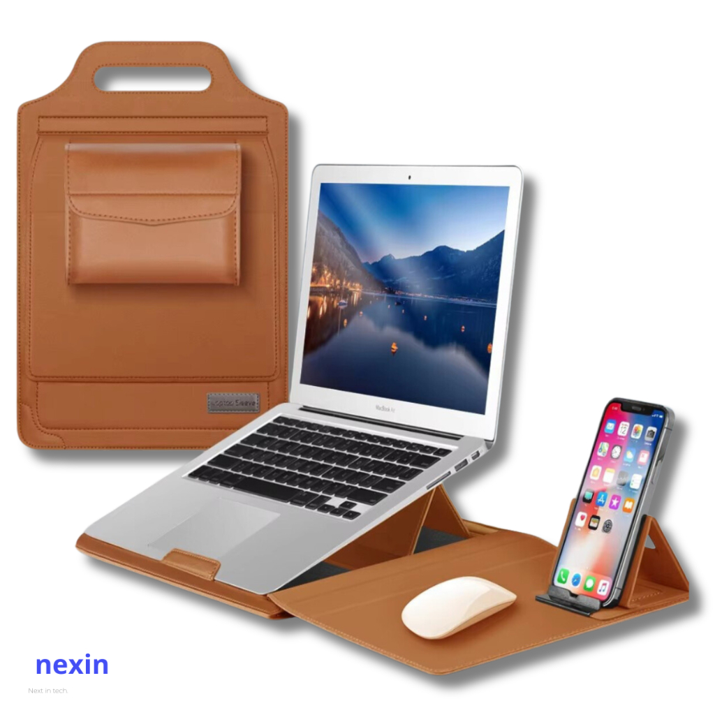 Case para Notebook/Macbook em Couro com Suporte e Bolsa Interna