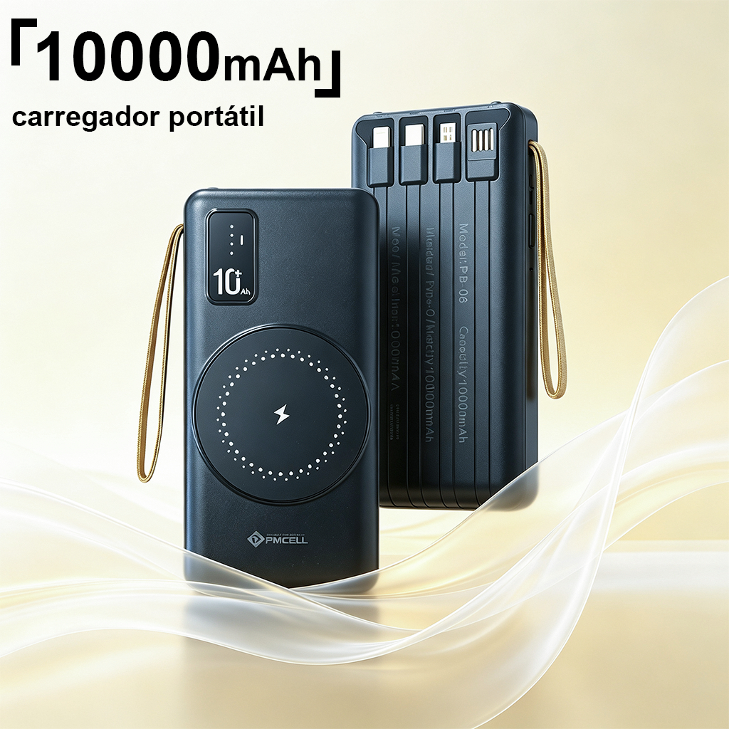 Power Bank 10000mAh Carregador Portátil Wireless 4 Cabos Integrados Display Digital