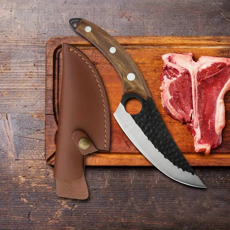 Faca de churrasco de cozinha profissional feita à mão Damasco Gourmet afiada em aço inoxidável com capa de couro