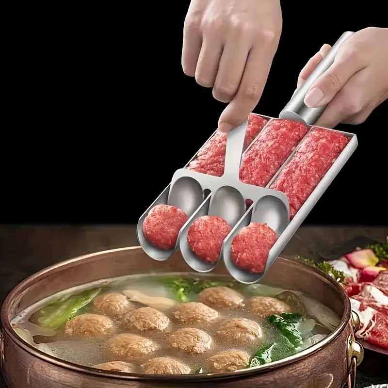 Fazedor De Almôndegas Triplo De Aço Inoxidável , Ferramenta Para Fazer De Carne , Colher Com Corte , Conjunto De Moldes