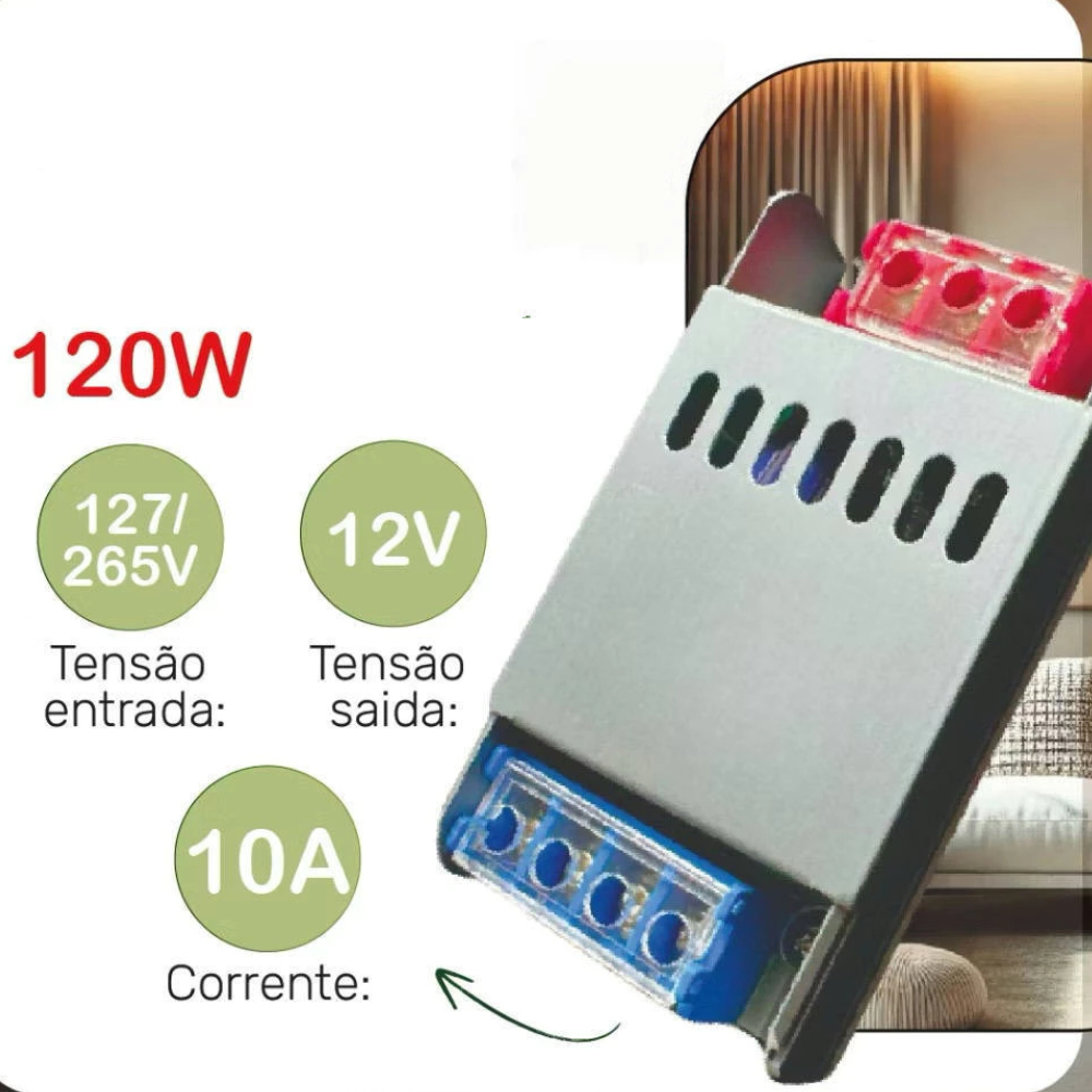 Fonte Chaveada Mini Slim 12v 10a 120w Bivolt Led Eletrônicos imperio life
