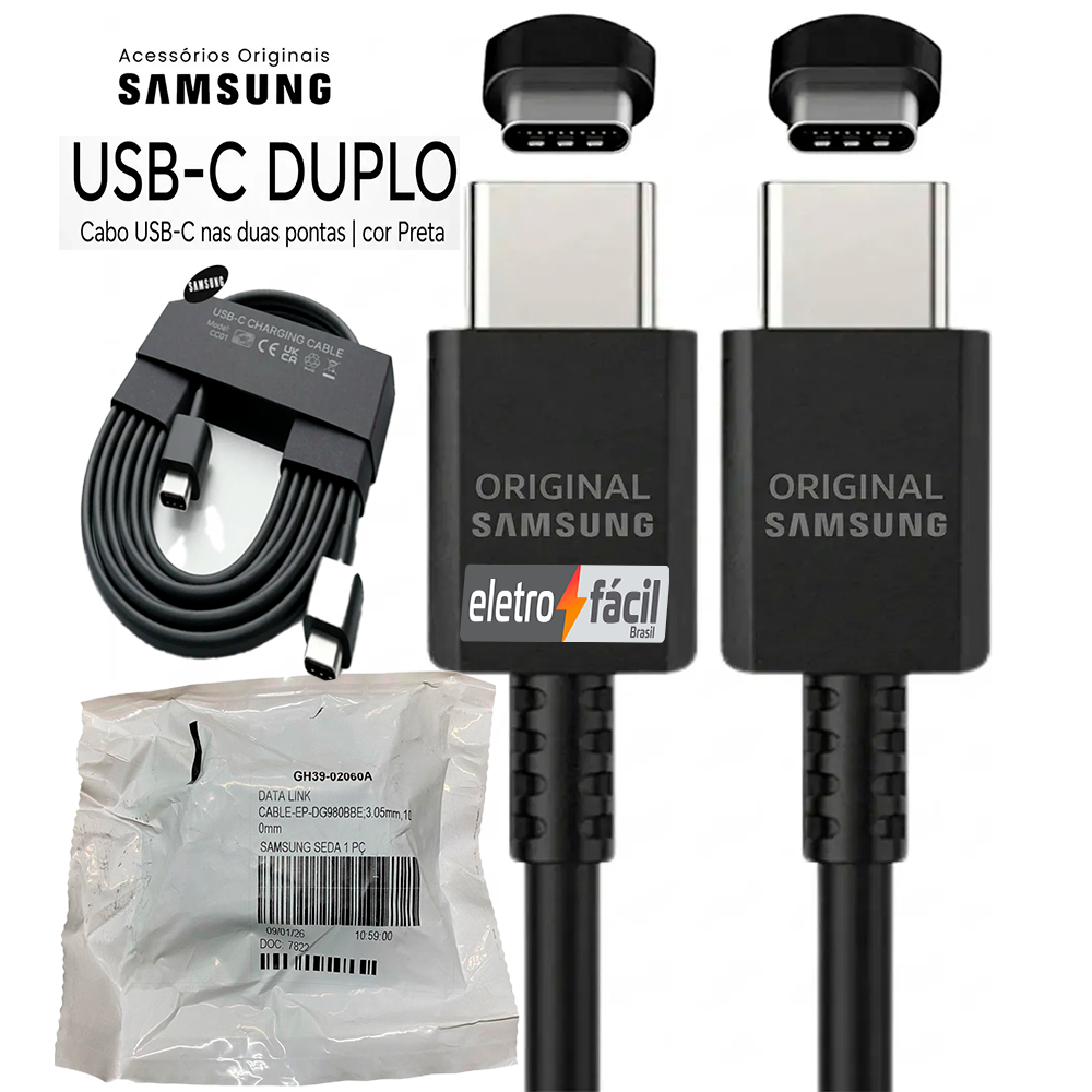 Cabo Samsung Original USB-C para USB-C Super Fast Charging  25W até 60W 1 Metro EP-DG980BBE