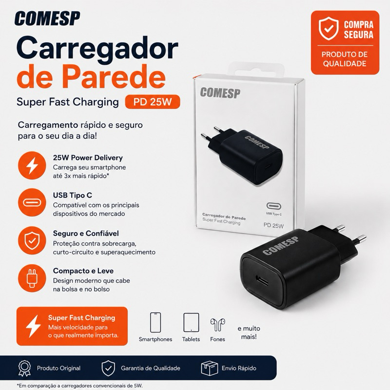 Carregador Original Turbo USB-C 25W COMESP Super Fast Charging