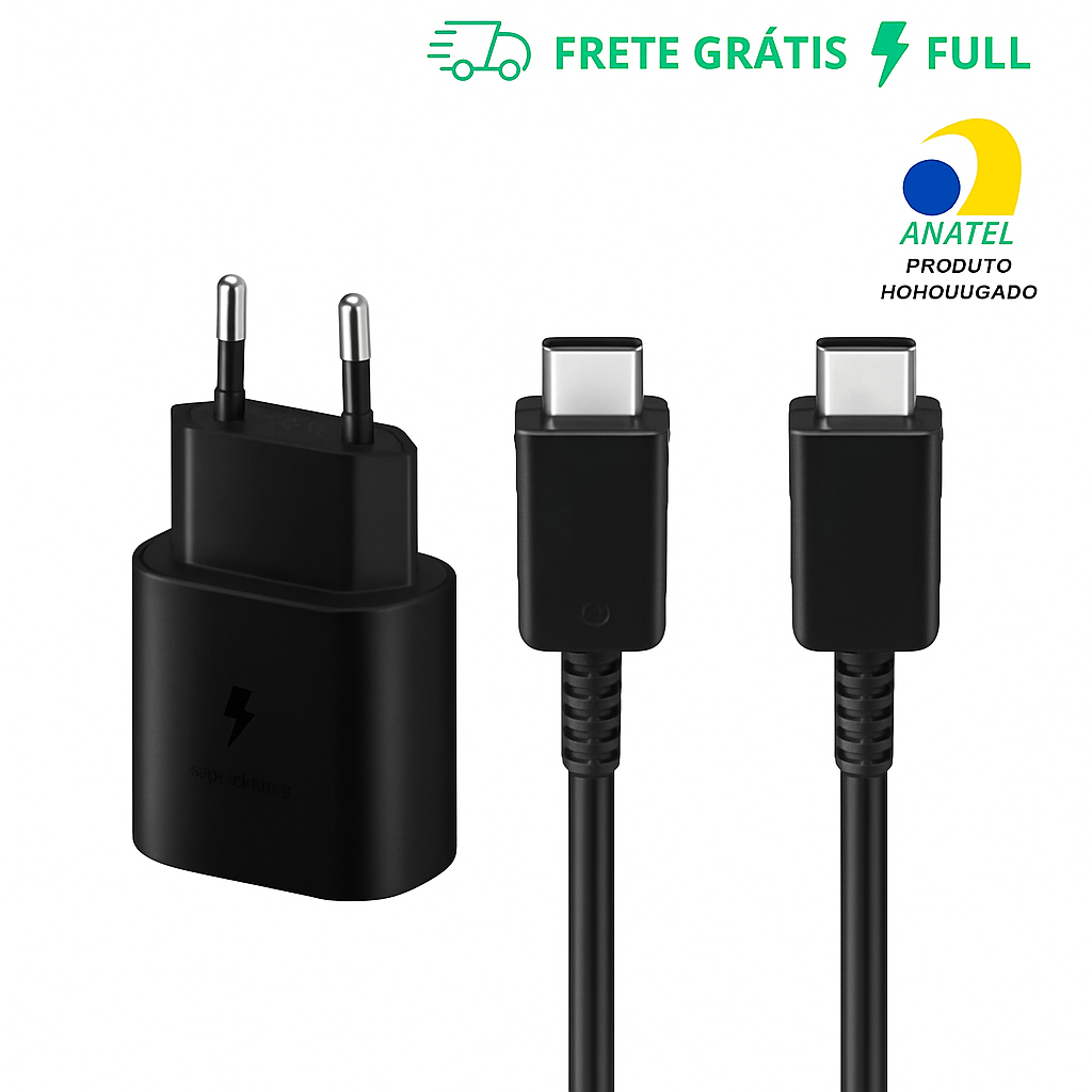 CARREGADOR SUPER FAST CHARGE PRETO COM CABO TIPO-C/TIPO-C (DUPLO USB-C)