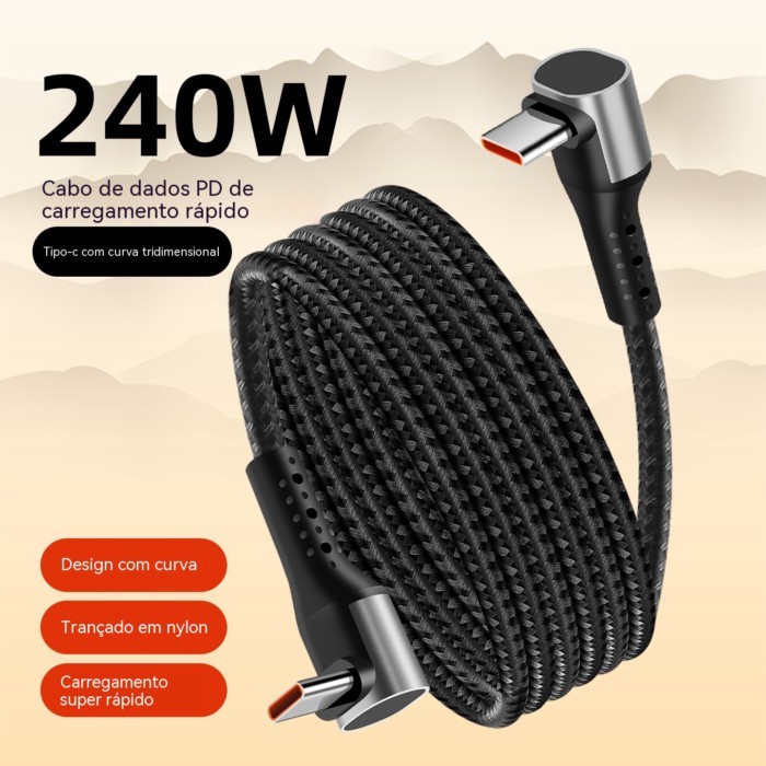 Cabo Tipo C 240W Super Fast Charge Dupla Curva | Cabo Trançado para iPhone 17 Huawei Notebook iPad