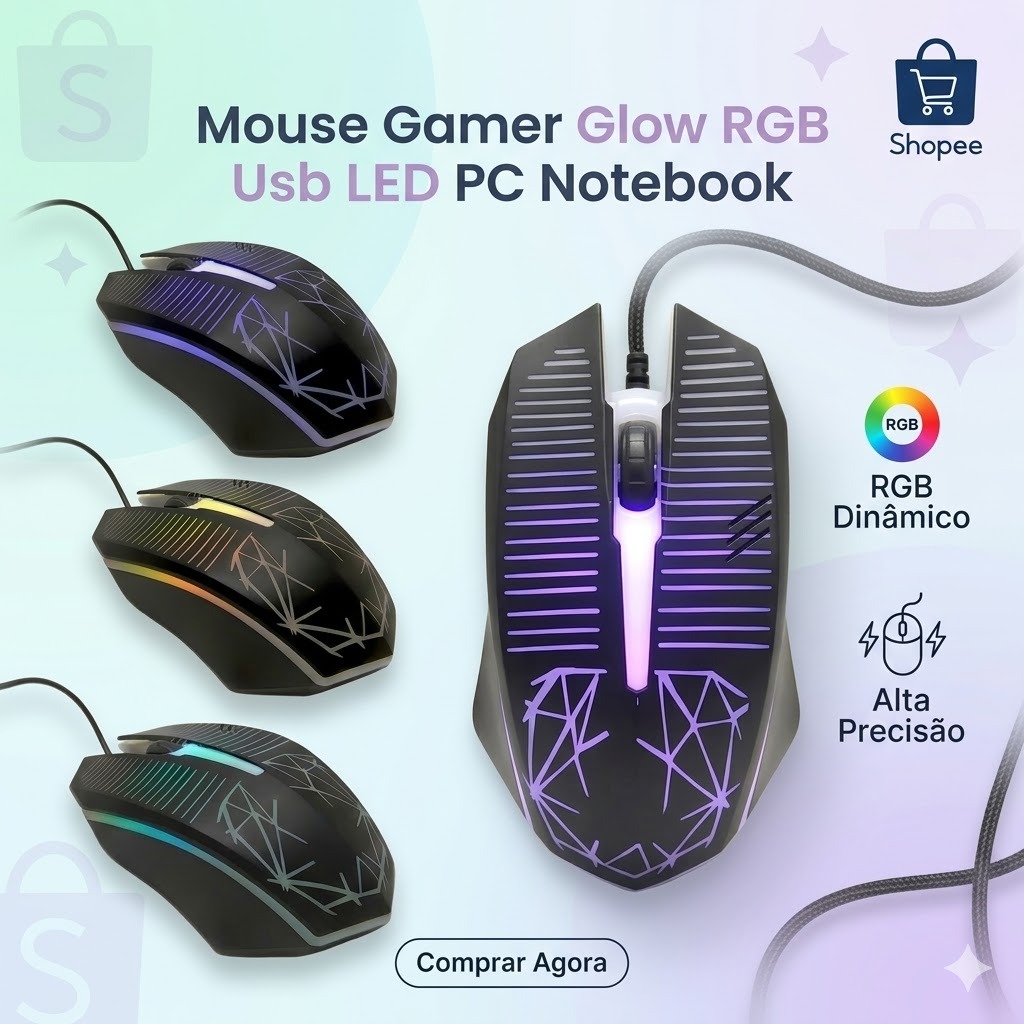 Mouse Gamer Glow RGB Usb LED PC Notebook OAS-V06