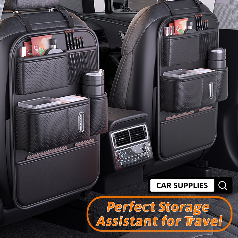 Organizador Universal para O Banco Traseiro Do Carro com Caixa de Lenços - Bolsa de Armazenamento em Couro Preto Durável