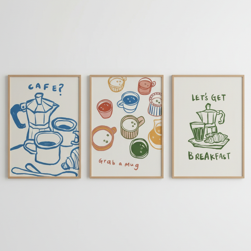 Quadros decorativos Coffee Drink Glasses Prints, Caneca, Citação (3 peças)
