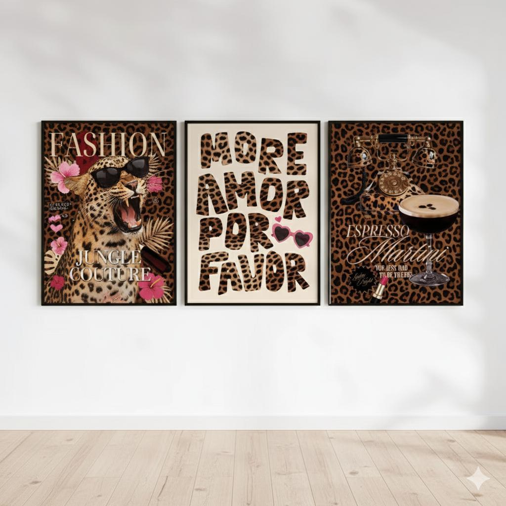 Quadros decorativos amor por favor estilo animal print (3 peças)