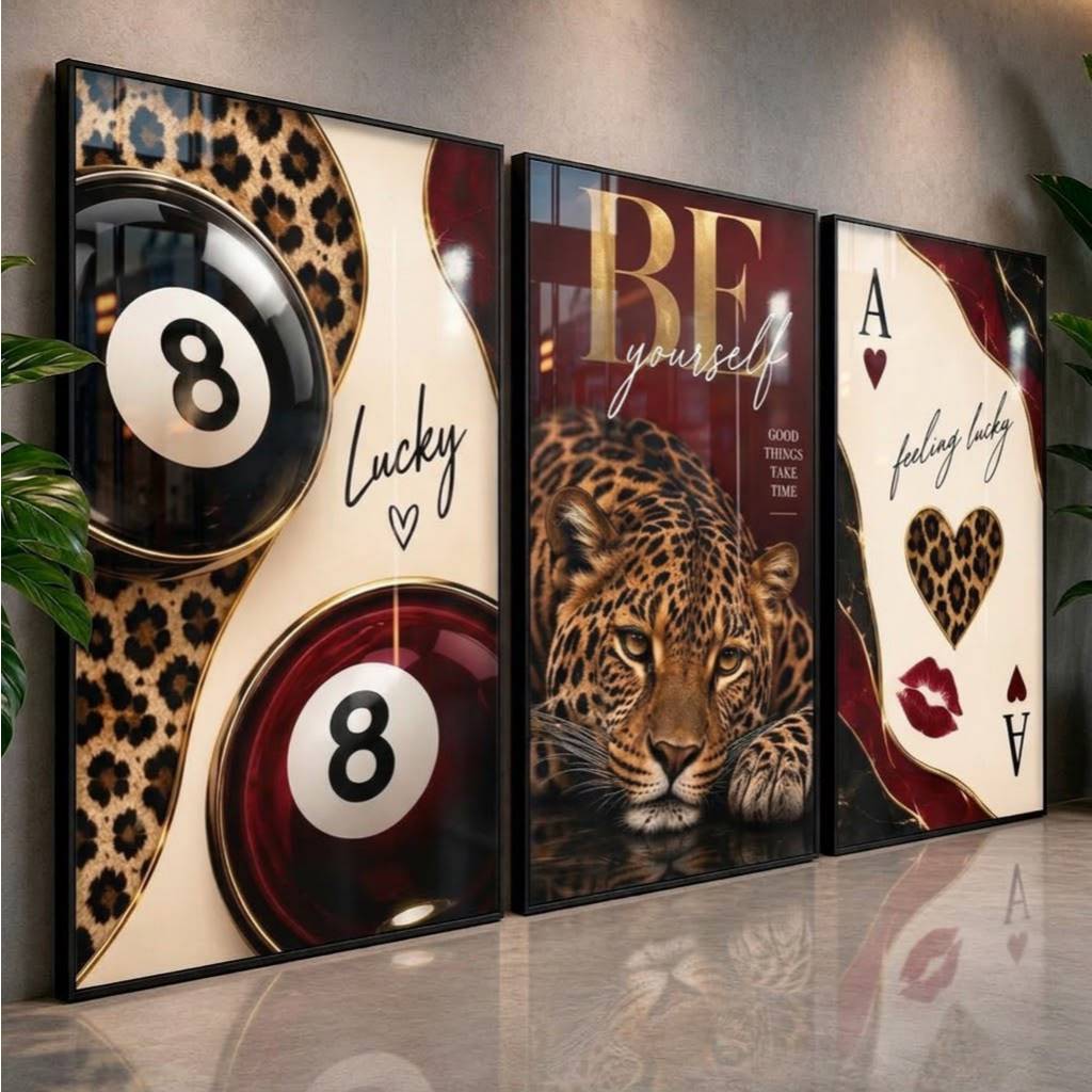 Quadros Decorativos para Sala Kit 3 Quadros Onça Animal Print Moderno Luxo