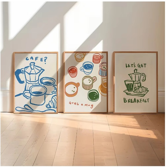 Quadros decorativos Coffee Drink Glasses Prints, Breakfast Caneca, vinho Citação (3 peças)