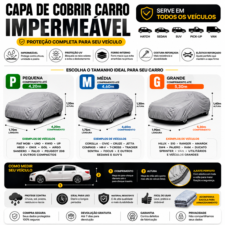Capa De Cobrir Carro Impermeável Forrada Proteção UV Hatch Sedan SUV Pickup Van P M G Universal