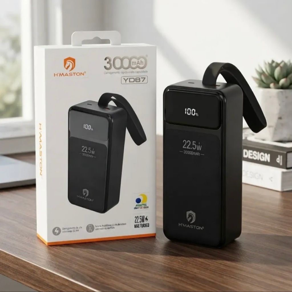Carregador portátil H'MASTON Power Bank 30000mAh 22.5W com carregamento rápido, cabos USB-C e Lightning e visor digital.