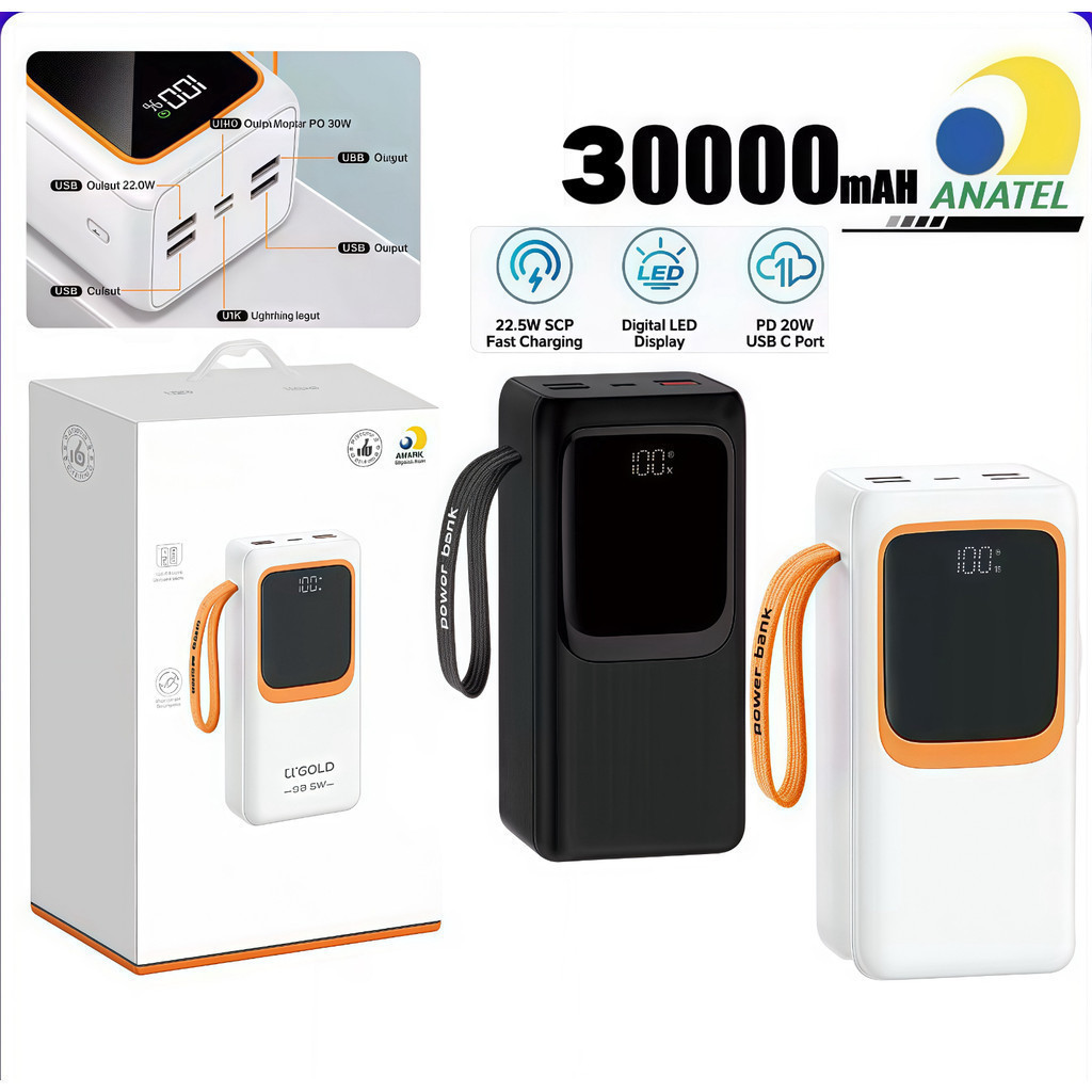 Carregador portátil Power Bank 30000mah PD 22,5W Carregamento rápido AGOLD BTE-46