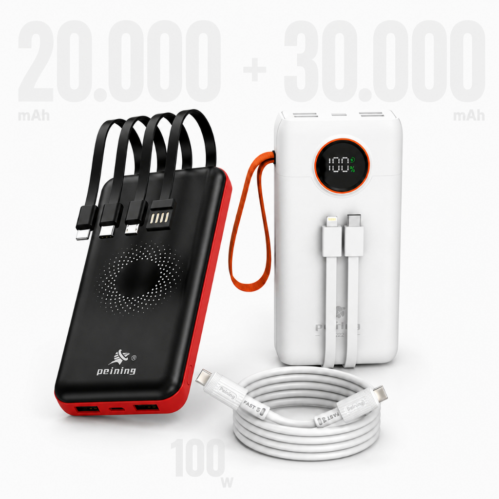 Kit Power Bank 20000mAh Com Indução Vermelho + 30000mAh Branco + Cabo 60W Branco Original Peining