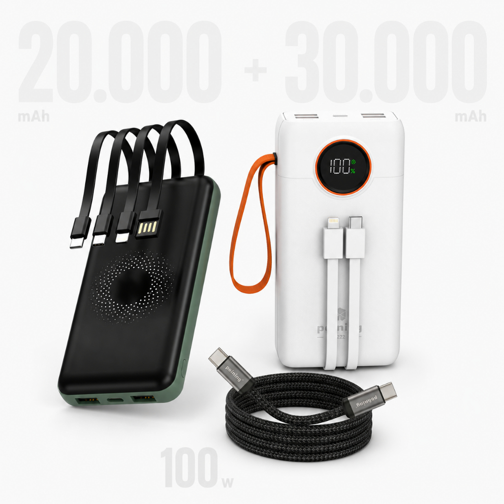 Kit Power Bank 20000mAh Com Indução Verde + 30000mAh Branco + Cabo 60W Preto Original Peining