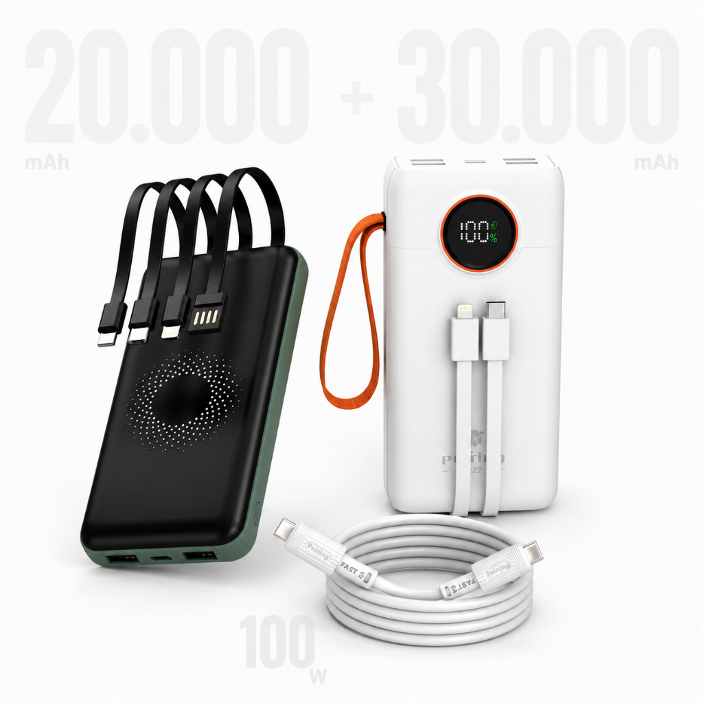 Kit Power Bank 20000mAh Com Indução Verde + 30000mAh Branco + Cabo 60W Branco Original Peining