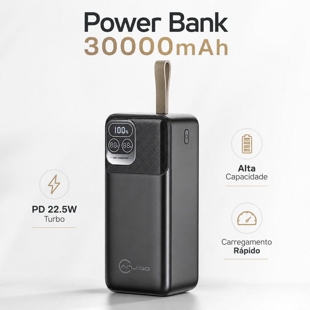 Carregador portátil Power Bank 30000mah PD 22.5W Carregamento rápido Preto