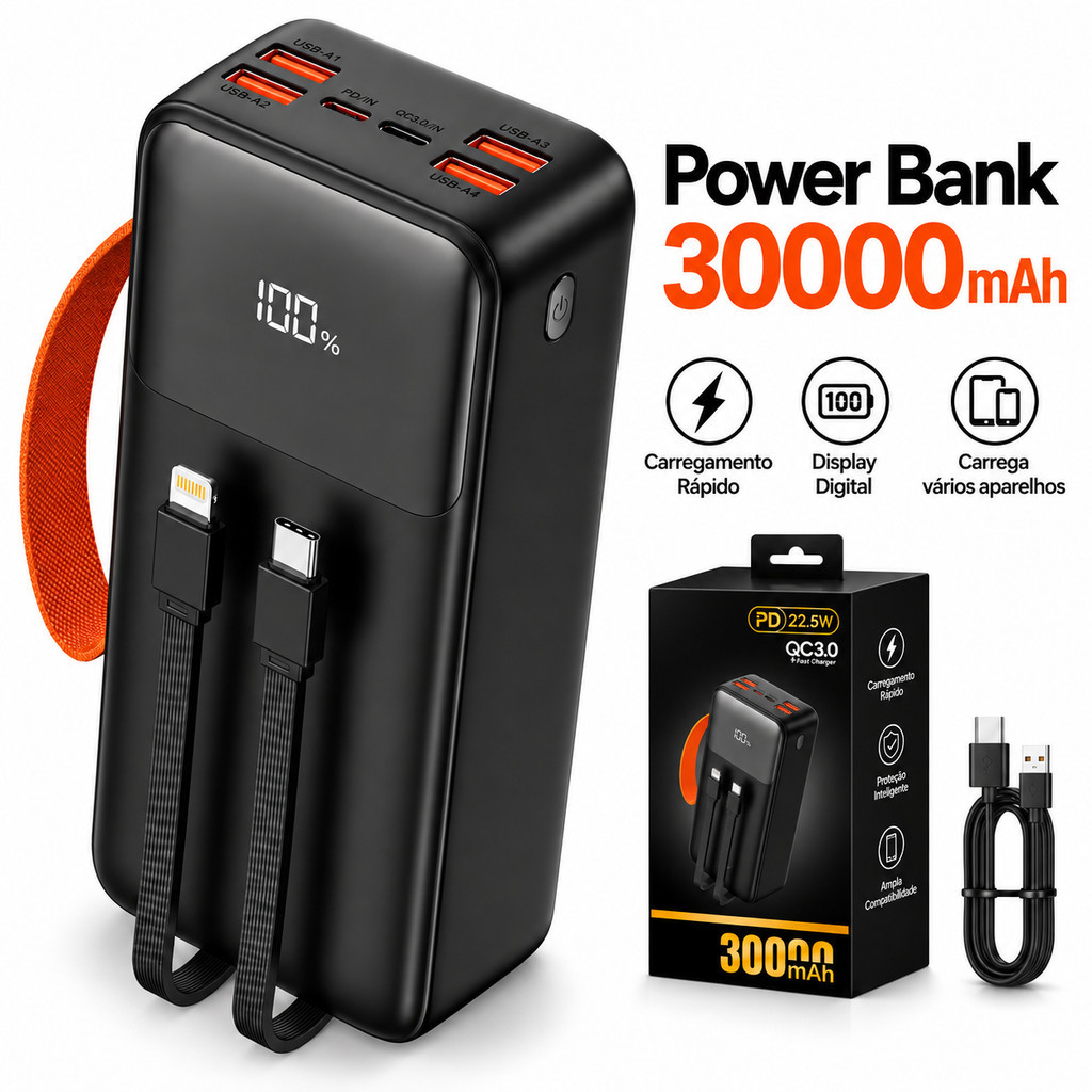 Bateria Portátil 30000mAh com Display Digital 22.5W Type-C USB e Cabos para Celular
