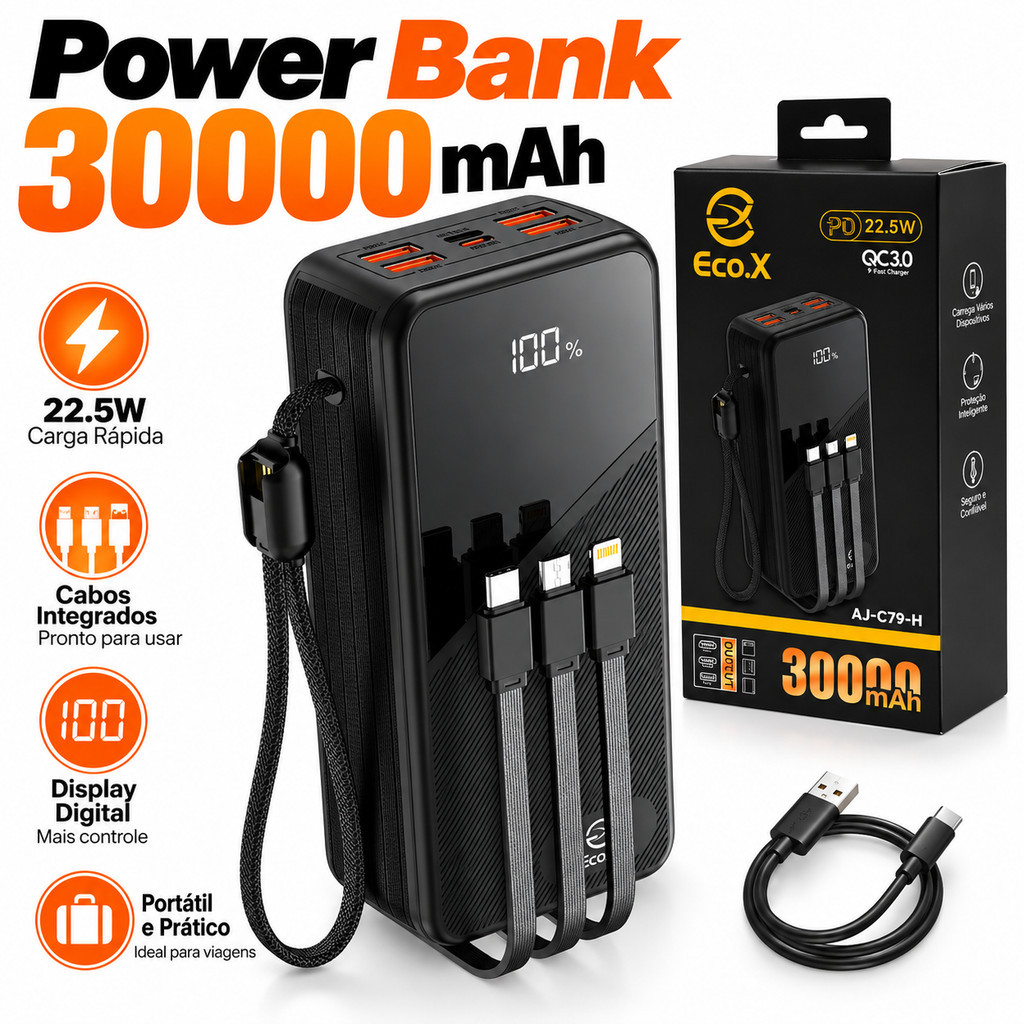 Bateria Portátil 30000mAh com Carregamento Rápido 22,5W Type-C USB e 4 Cabos