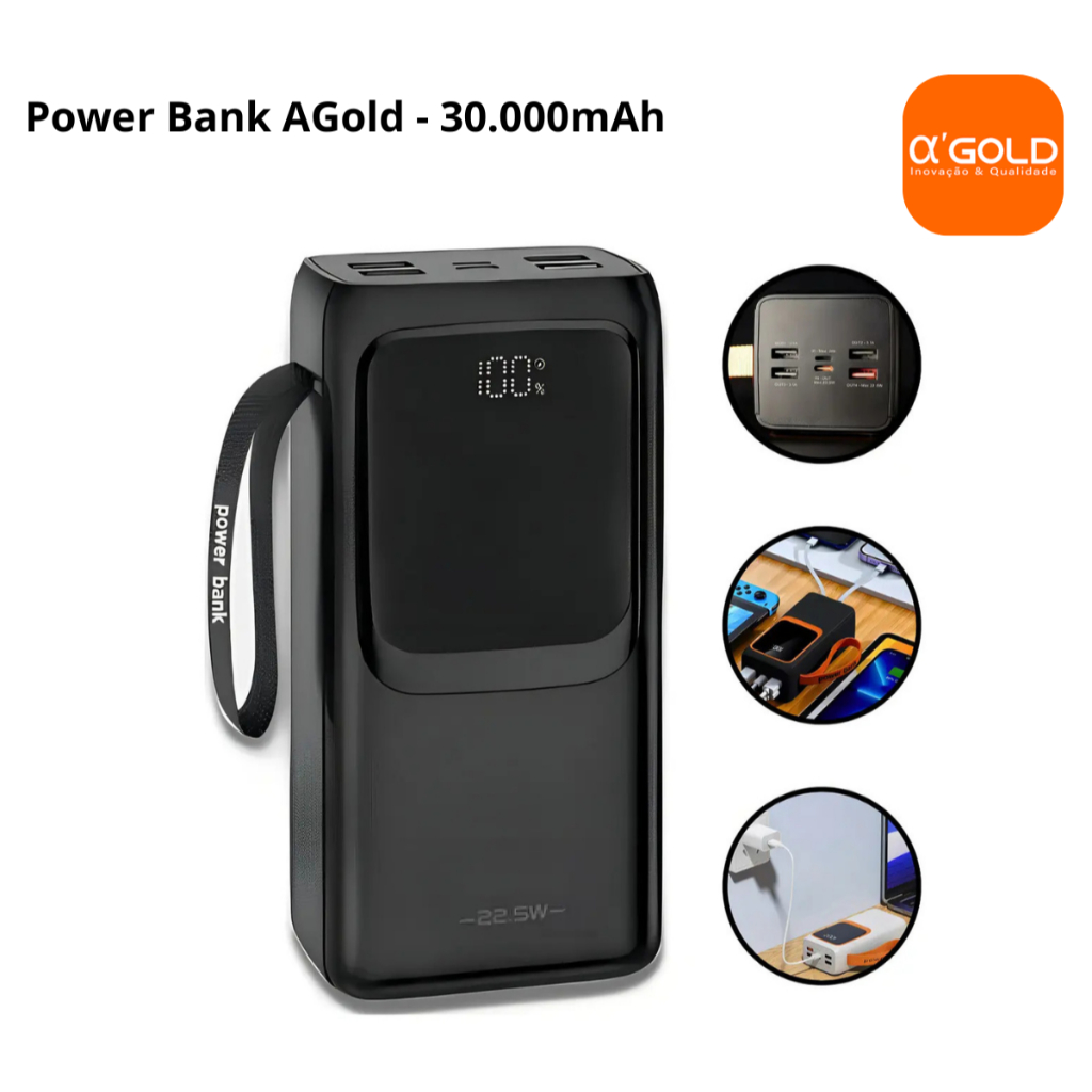Carregador Portátil | Power Bank 30000mAh A'Gold BTE-46 | Carga Rápida 22,5W PD | Lanterna LED | 4 Cabos Integrados