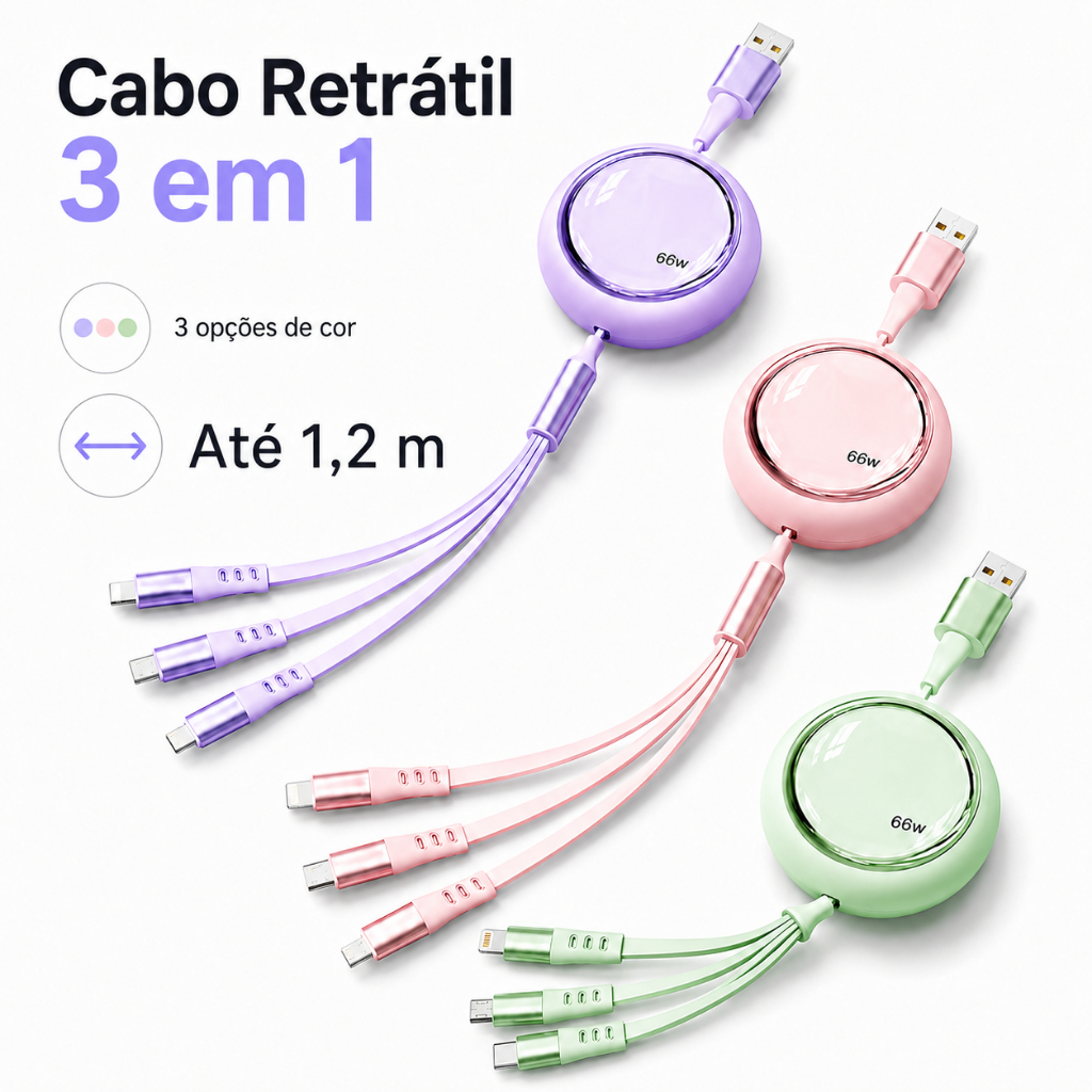 Cabo de dados retrátil 3 em 1 66W super carregamento rápido 1,2m para iPhone Android Tipo‑C