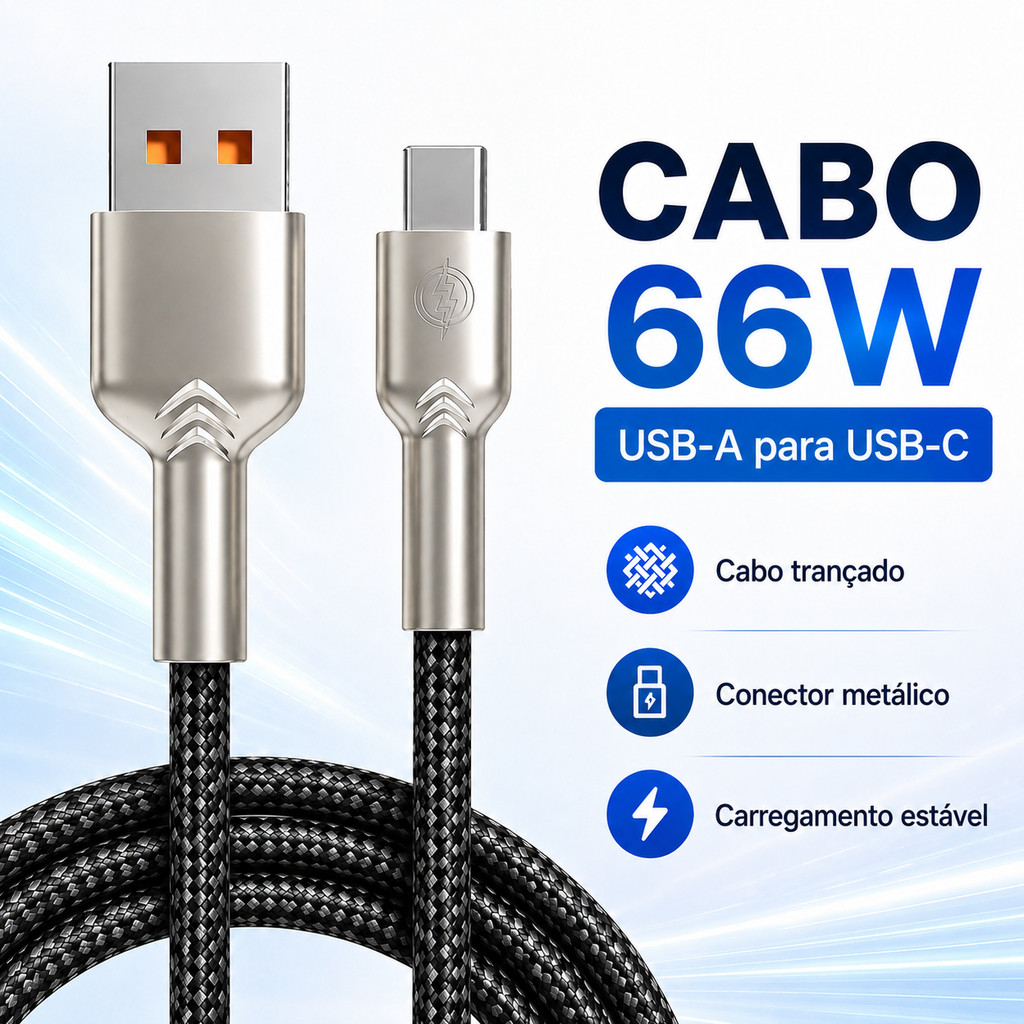 Cabo Carregador Super Turbo 66W USB-C para Tipo-C, Nylon Reforçado com Conector em Liga de Zinco