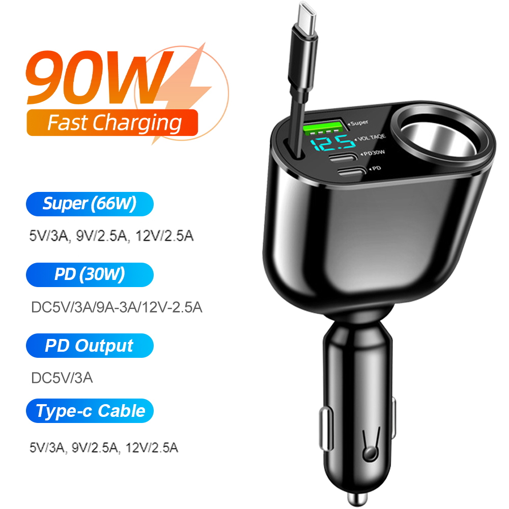 Adaptador De Energia De Carga Super Rápida Universal 66W Carregador De Carro PD + QC3.0 Com Cabo De Carregamento Rápido