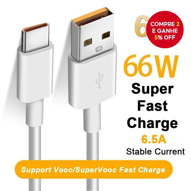 Cabo Carregador Super Rápido 66W 6A Tipo C De Dados De Carregamento