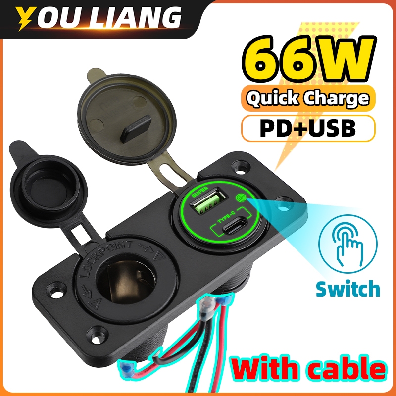 66W Super Carregador Tipo C & QC3.0 USB Touchscreen Interruptor Painel 12V 24V Tomada De Isqueiro Para Carro Motocicleta