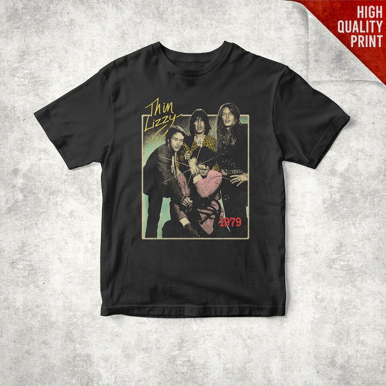 Camiseta Preta Thin Lizzy Banda De Rock Clássico, Estampa Retrô Grupo 1979, Impressão De Alta Qualidade, Manga Curta, Te