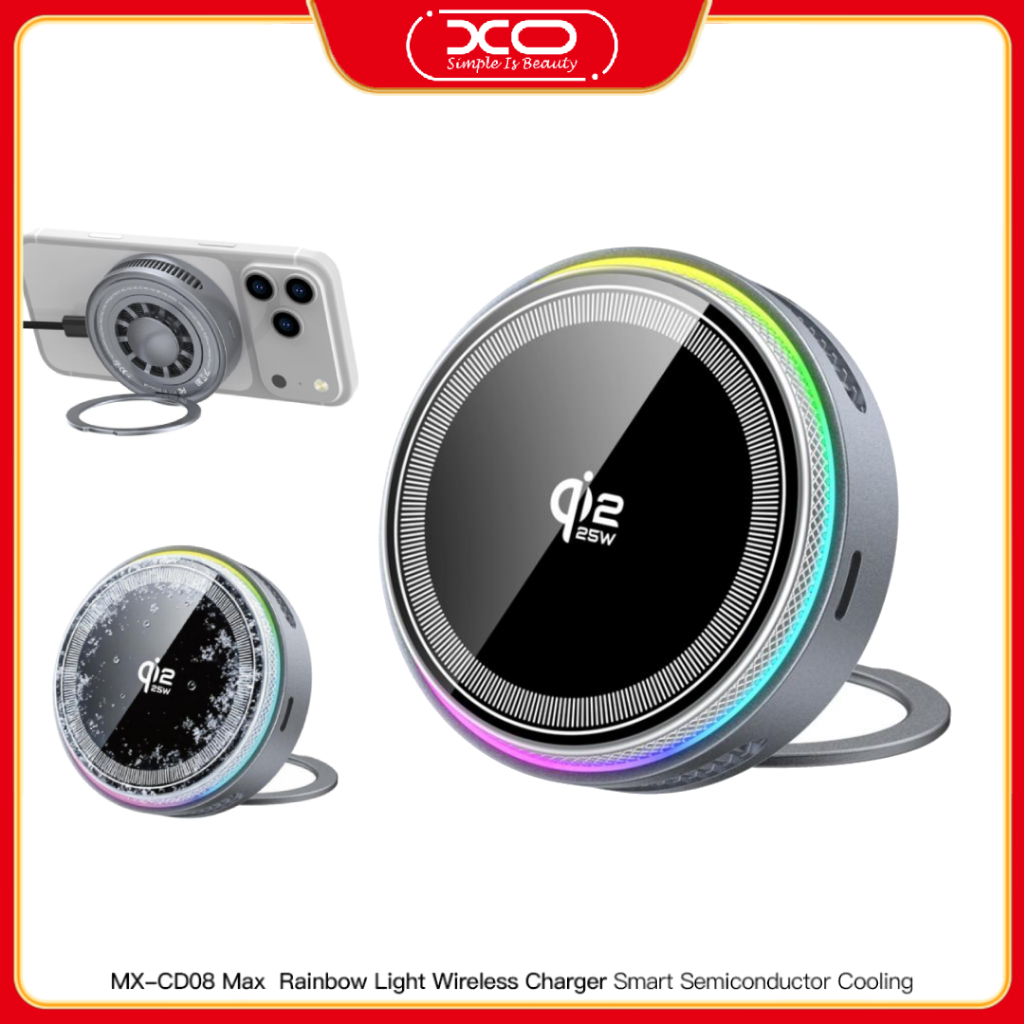 XO MX-CD08max Smart TEC Semiconductor Cooling Qi 2.2 25W + Suporte De Anel Com Luzes Que Mudam De Cor Carregador Sem Fio