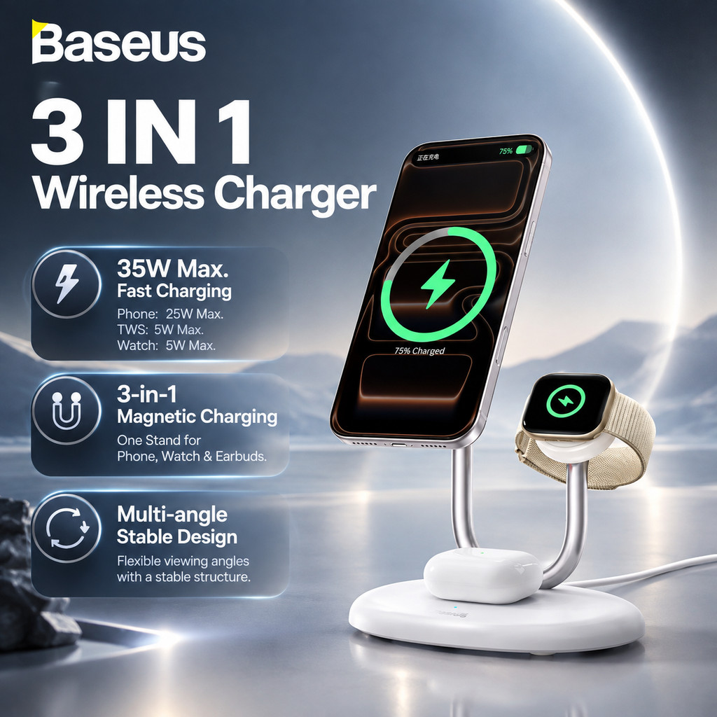 Baseus PicoGo AS11 Cooling Suporte De Carregamento Sem Fio 3 Em 1 De 35 W , Carregador Rápido Máximo De 25 Para iPhone ,