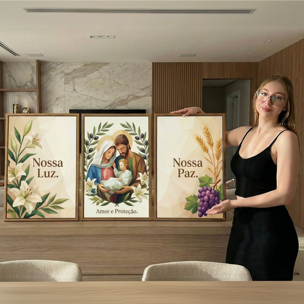 Quadros Decorativos Religioso Moderno Amor e Proteção Kit 3  Decoração Sala