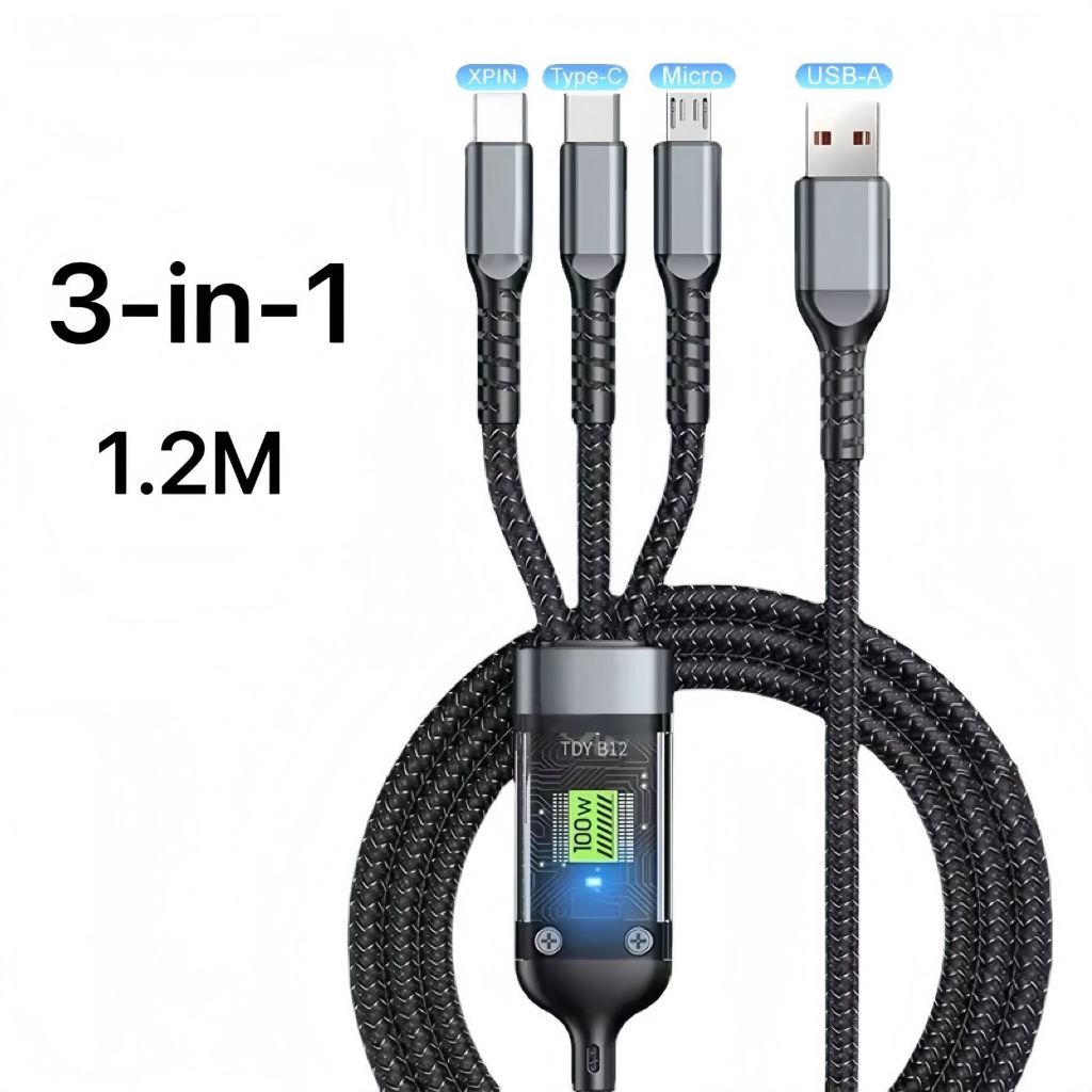 Cabo de Carregamento 3 em 1, Potência 100W 6A, Liga de Zinco durável, para Micro e Tipo-C