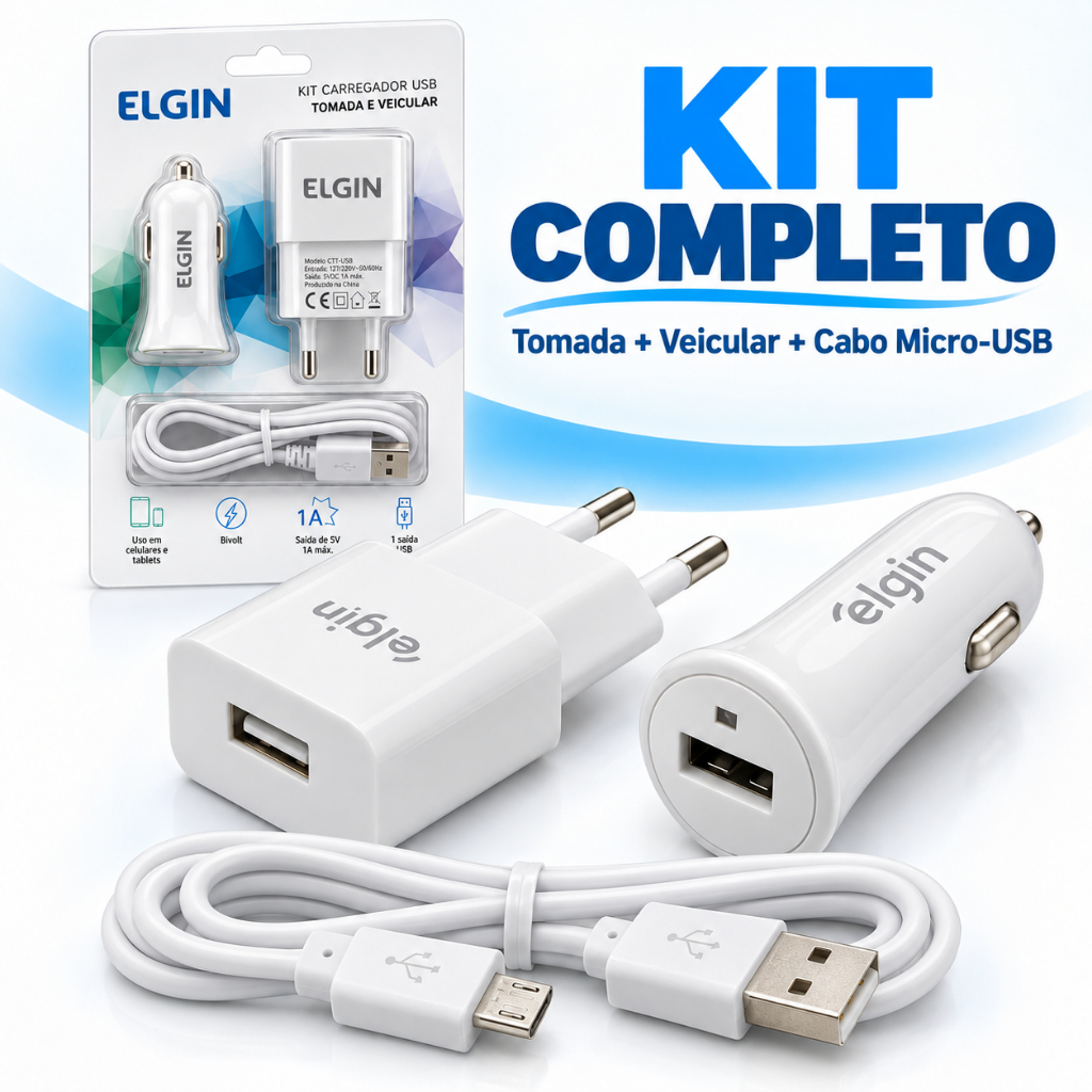 Kit Carregador Veicular USB + Tomada + Cabo Micro USB 1M