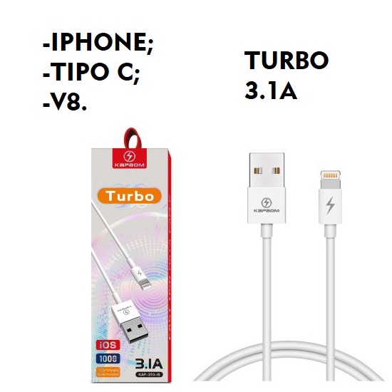 Cabo Carregador Turbo V8, Type-C, iPhone Lightning 3.1A Rápido Micro Usb 1 Metro Original Kapbom Atacado