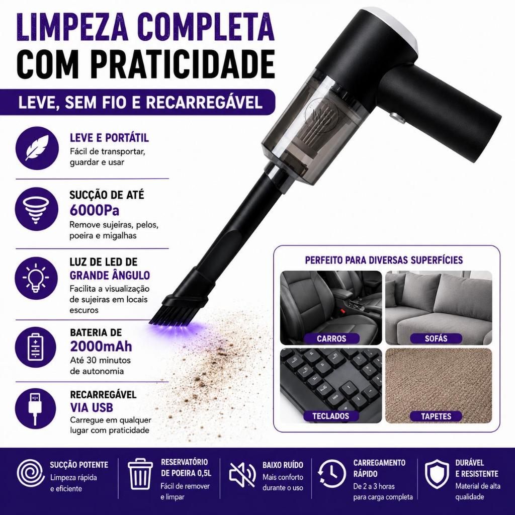 Aspirador de Pó Portátil Sem Fio Recarregável USB 120W 6000Pa Mini Aspirador para Carro Casa Sofá e Teclado top