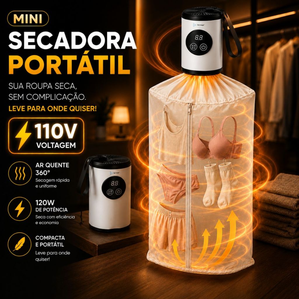 Mini Secadora de Roupas Portátil Elétrica Compacta 110V 120W Ar Quente 360° com Timer para Viagem