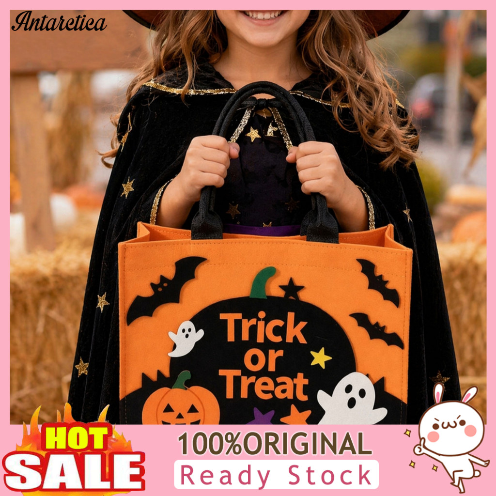 Halloween Tote Bag Pumpkin Trick or Treat Felt Candy with Ghost Patches Kids Goodie Party Favor Haunted House Decor Dura