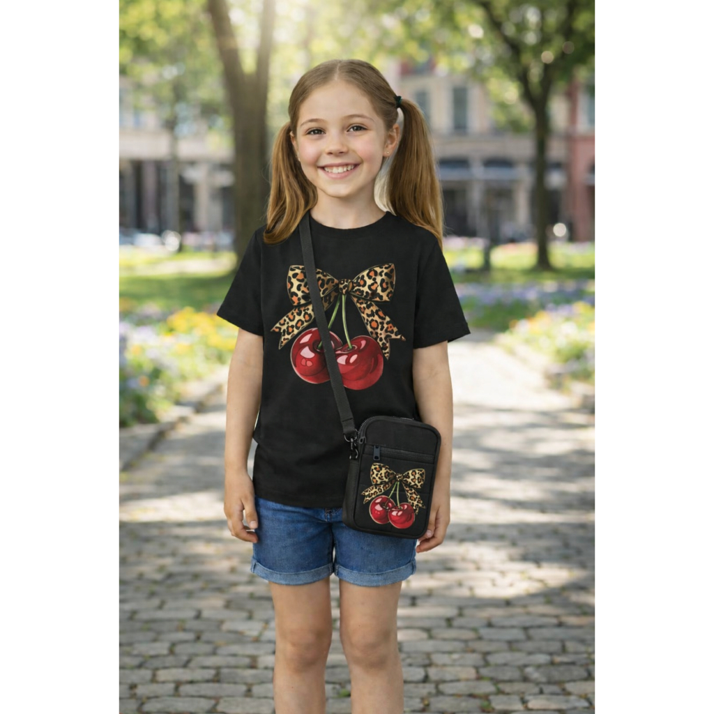 CAMISETA INFANTIL ALGODÃO100%+BOLSINHA BAG CEREJA LAÇO ONÇA