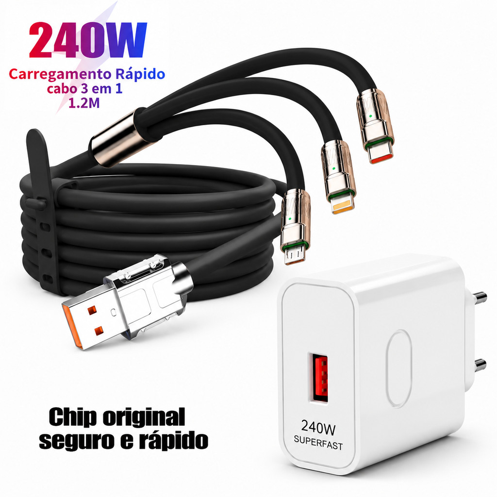 Cabo Carregador 3 em 1 USB Type C Micro USB Compatível com iPhone Carga Rápida com Fonte Branca Opcional