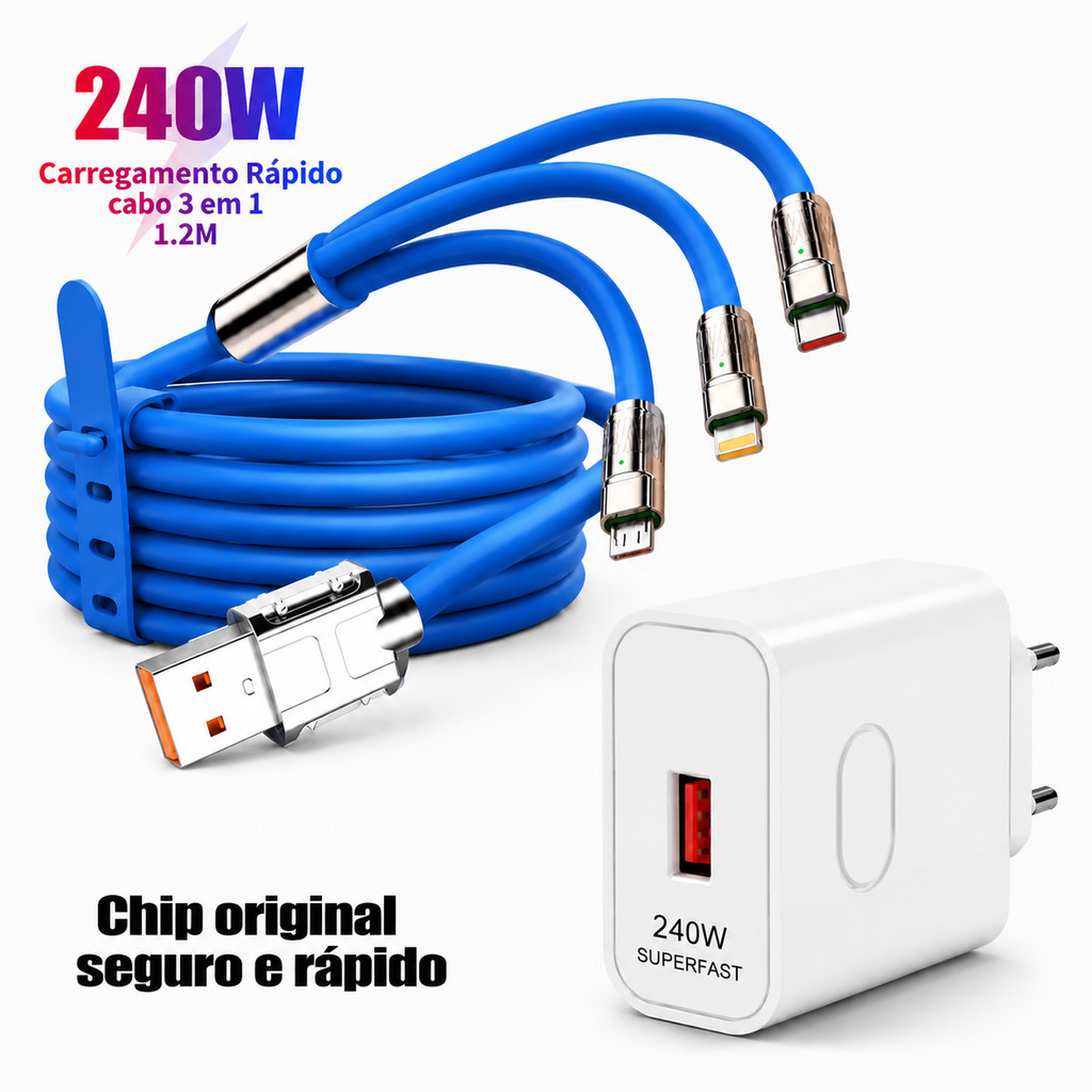 Cabo Reforçado 3 em 1 Carga Rápida Type C Micro USB para iPhone com Luz LED e Carregador Branco Opcional