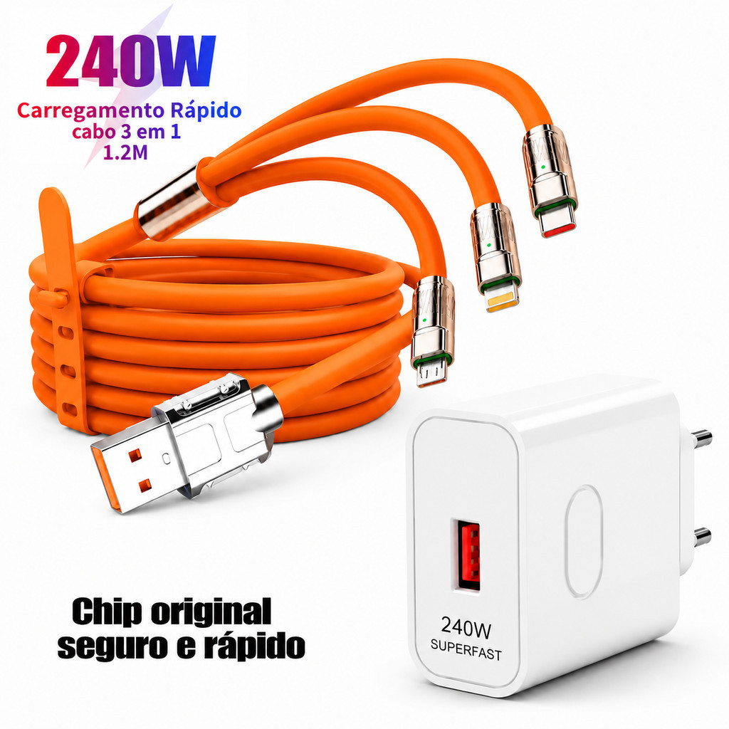Cabo 3 em 1 Carga Rápida Tipo C Lightning Micro iPhone Android Fonte Branca À Venda Separada