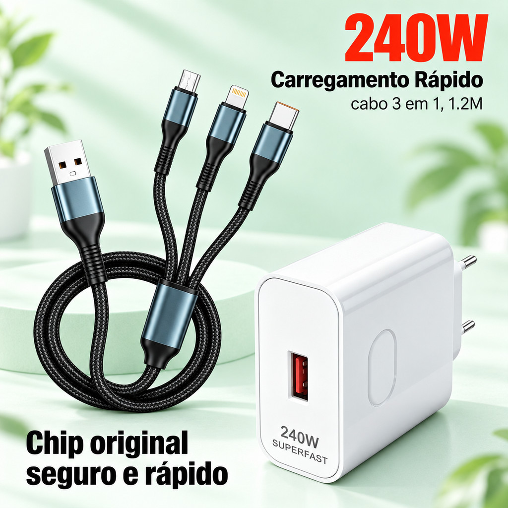 Cabo Multi Carregador 6A 3 em 1 USB-A para Tipo C Micro USB iPhone Trançado Resistente Fonte 240W Opcional