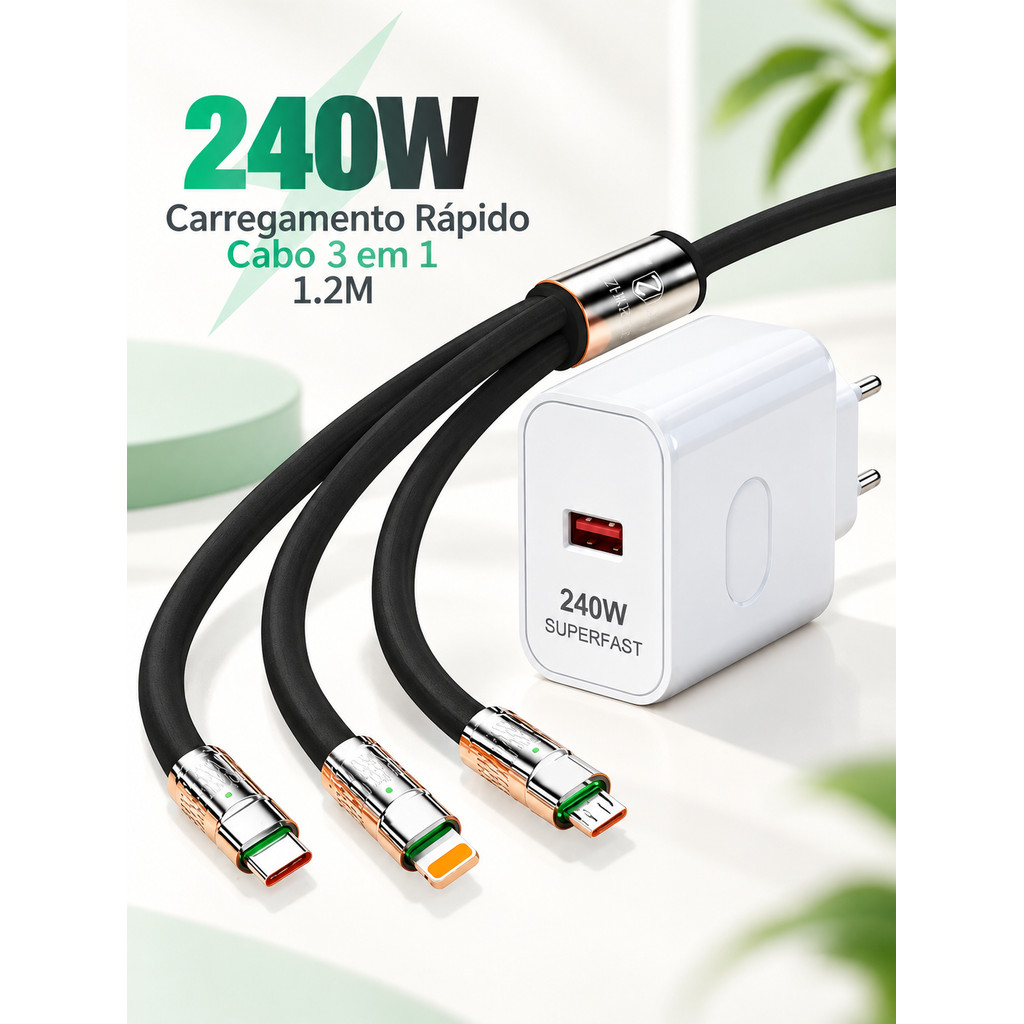 Cabo USB A 3 em 1 1,2M Tipo C Micro USB Compatível com iPhone Multifuncional Opção Fonte Carregador 240W