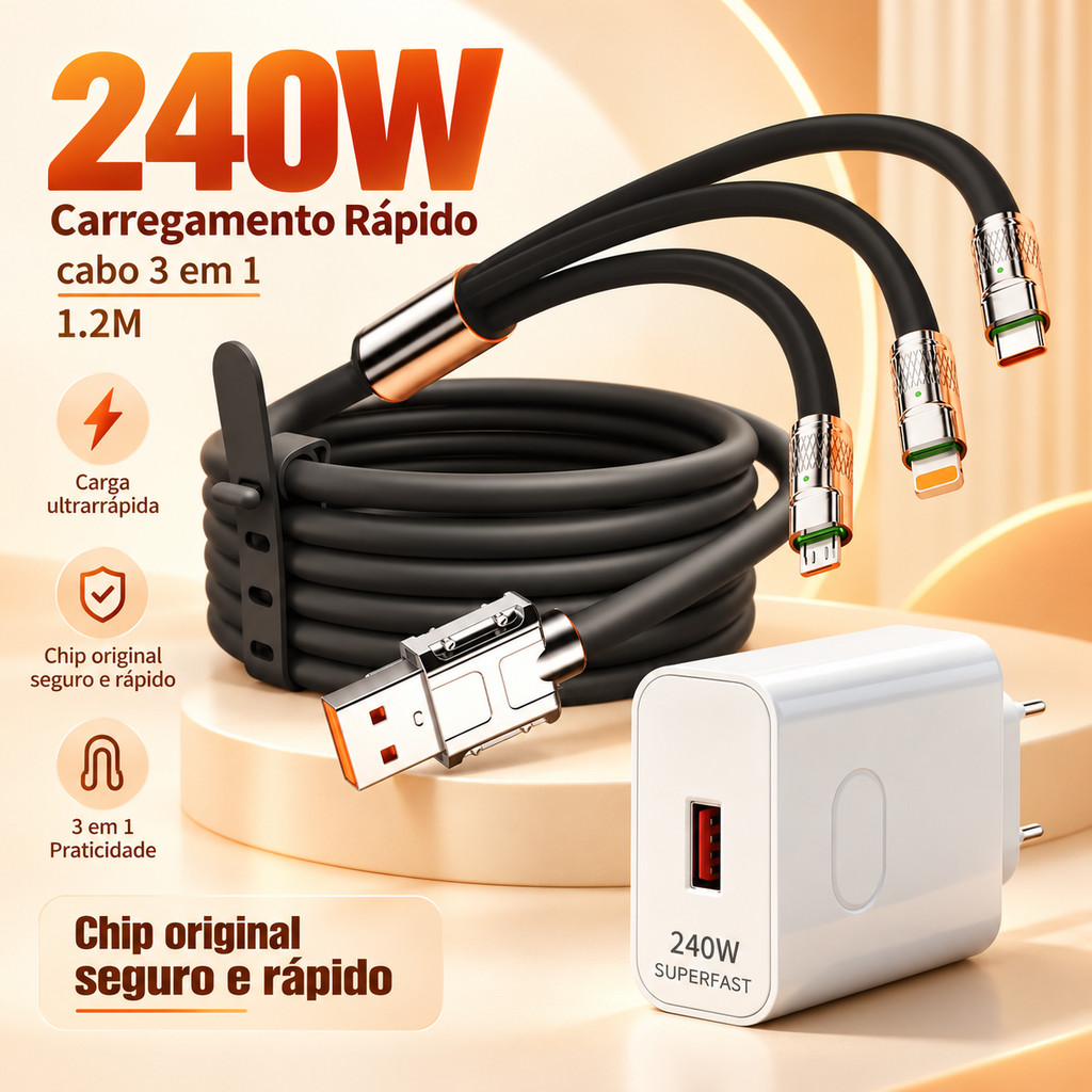 Cabo 3 Pontas 1,2M USB-A Tipo C Micro USB Compatível iPhone Multiuso com Carregador 240W Opcional