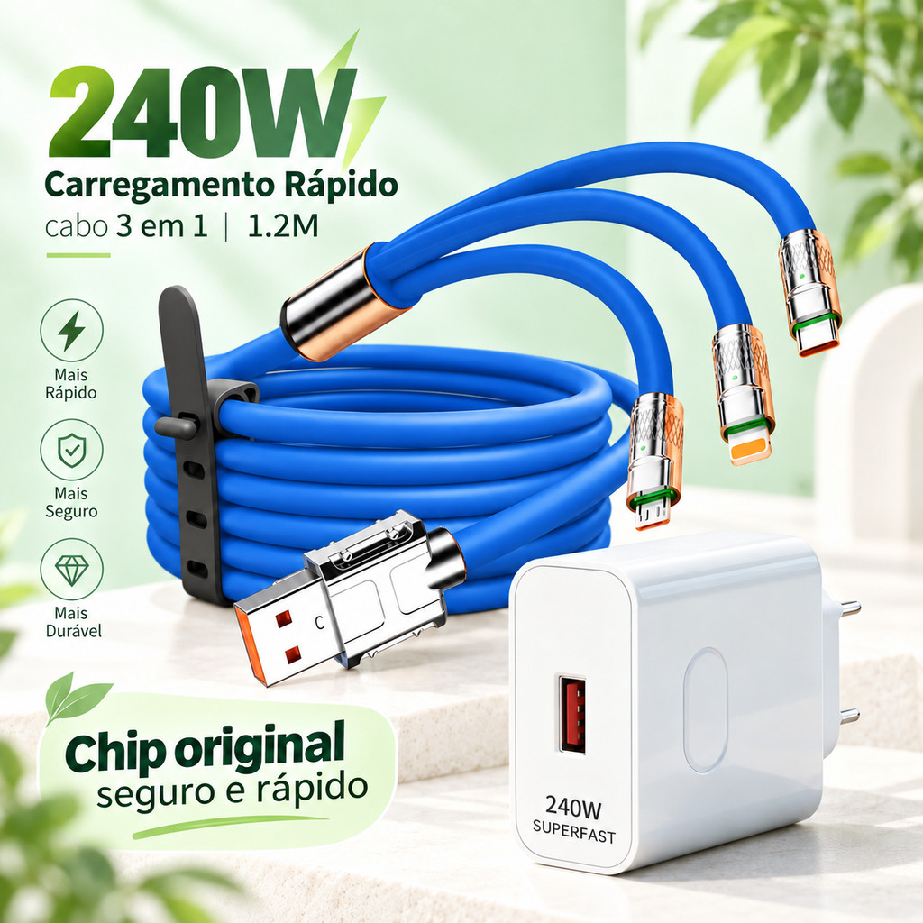 Cabo Carregador 3 em 1 1,2M USB A para Tipo C Micro USB Compatível iPhone Carga Rápida Opção com Fonte 240W