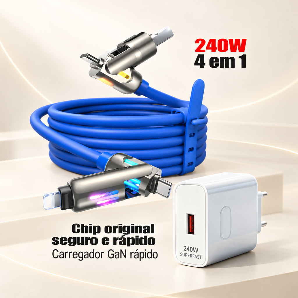 Kit Carregamento 240W Cabo 4 em 1 2 Metros USB C Micro USB USB A Compatível iPhone Opção Somente Cabo